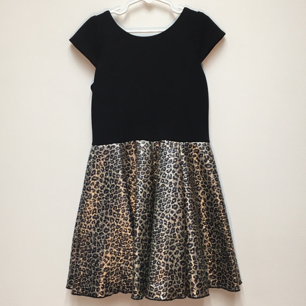Zoe LTD Fit & Flare Short Sleeve Dress 8 Black Gold Leopard Print